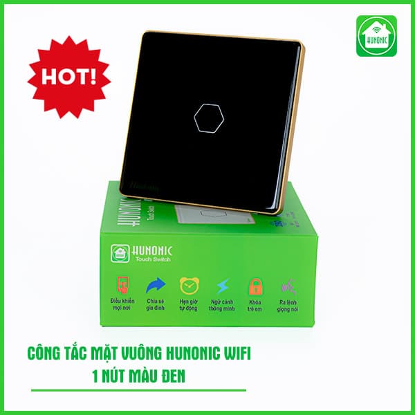 Công Tắc Cảm Ứng Wifi Hunonic Mặt Vuông Viền Vàng 1 Nút