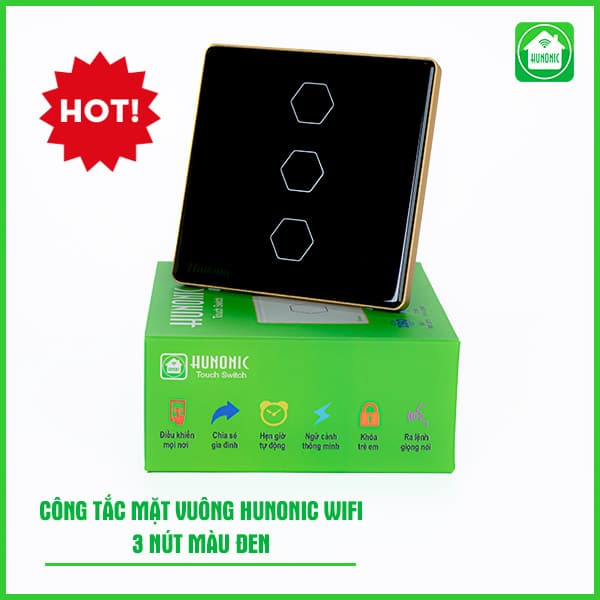 Công Tắc Cảm Ứng Wifi Hunonic Mặt Vuông Viền Vàng 3 Nút