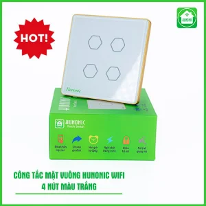 Công Tắc Cảm Ứng Wifi Hunonic Mặt Vuông Viền Vàng 4 Nút