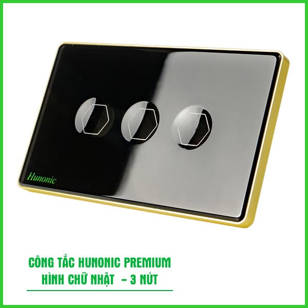 Công Tắc Hunonic PLE Premium Hình Chữ Nhật Viền Vàng 3 Nút