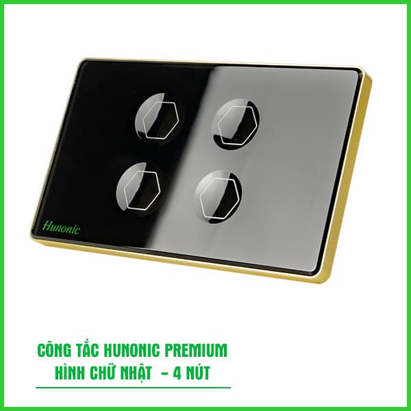 Công Tắc Hunonic PLE Premium Hình Chữ Nhật Viền Vàng 4 Nút